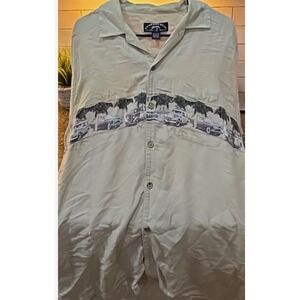 newport blue beige button up with palm trees‎ large